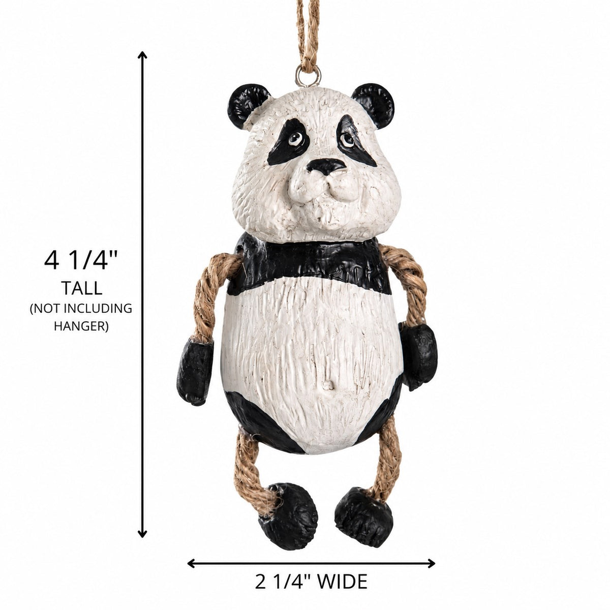 Panda hanging ornament with black and white textured fur, rope arms and legs shown on a white background with dimension 4 1/4" tall and 2 1/4" wide.