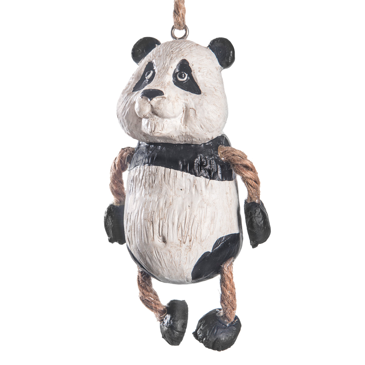 Bert Anderson panda bear Christmas ornament with black and white coloring and natural jute rope hanger