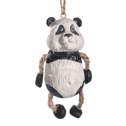 A hanging panda ornament with a textured off-white body, black ears, eyes, and paws, and rope-style arms and legs, shown against a plain white background.