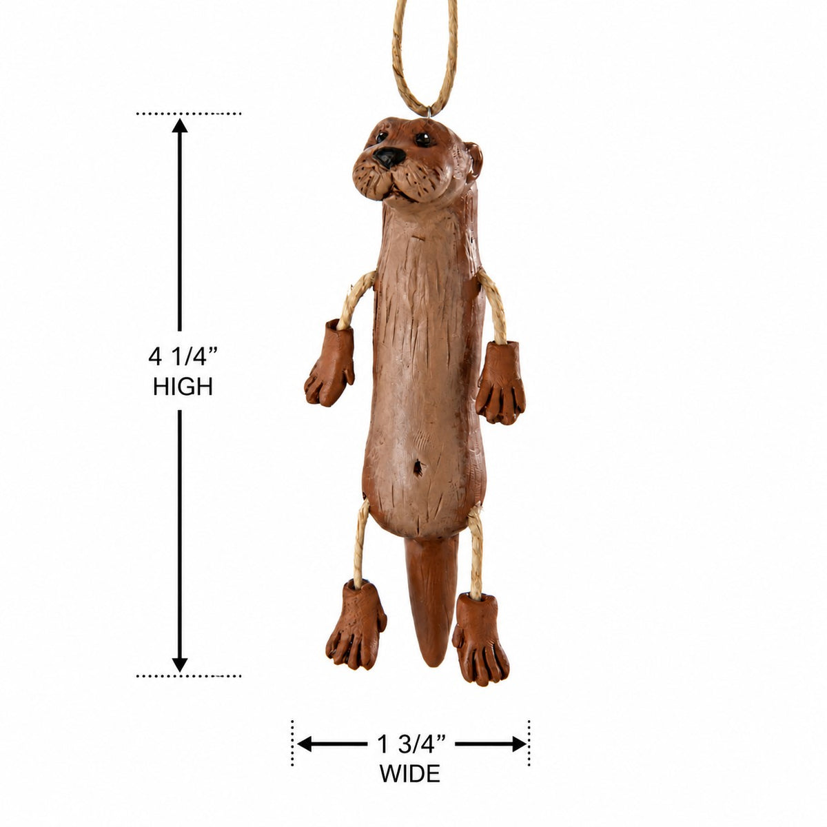 A brown otter hanging ornament with a rope loop at the top, shown on a white background with dimension arrows indicating 4 1/4 inches high and 1 3/4 inches wide.