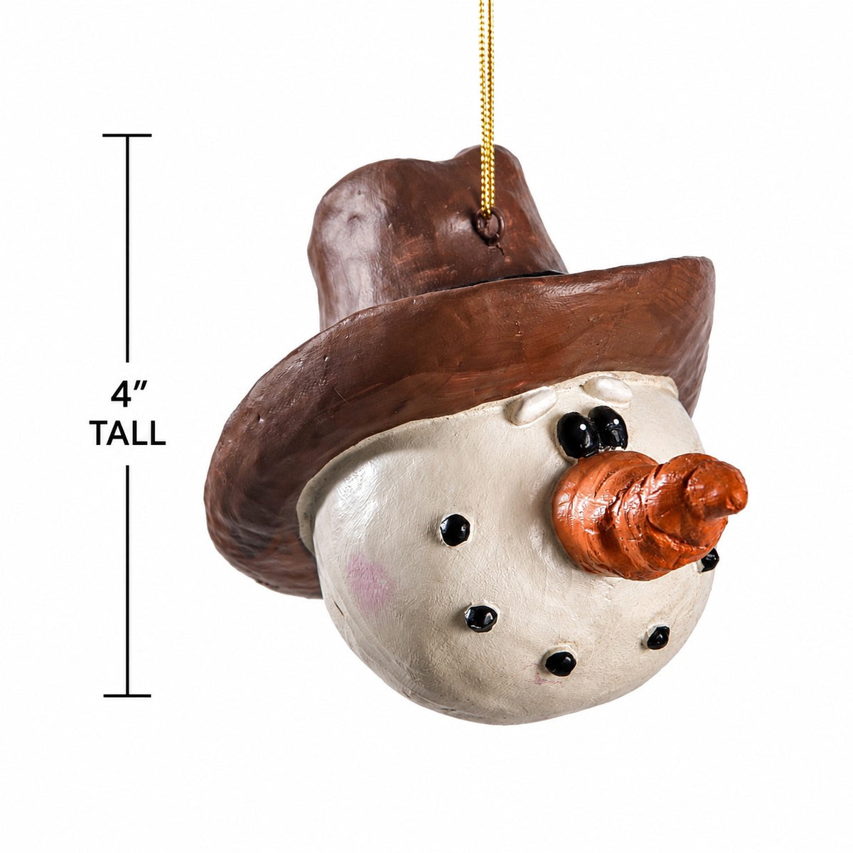 A snowman ornament with a brown cowboy hat, cream face, and orange carrot nose, hanging by a gold string on a white background with a 4-inch height measurement marker.