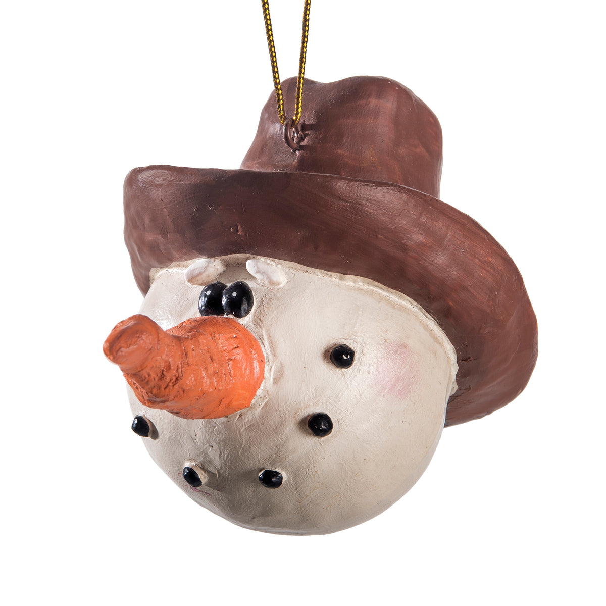 Large cowboy snowman head ornament shown on a white background.  By Bert Anderson