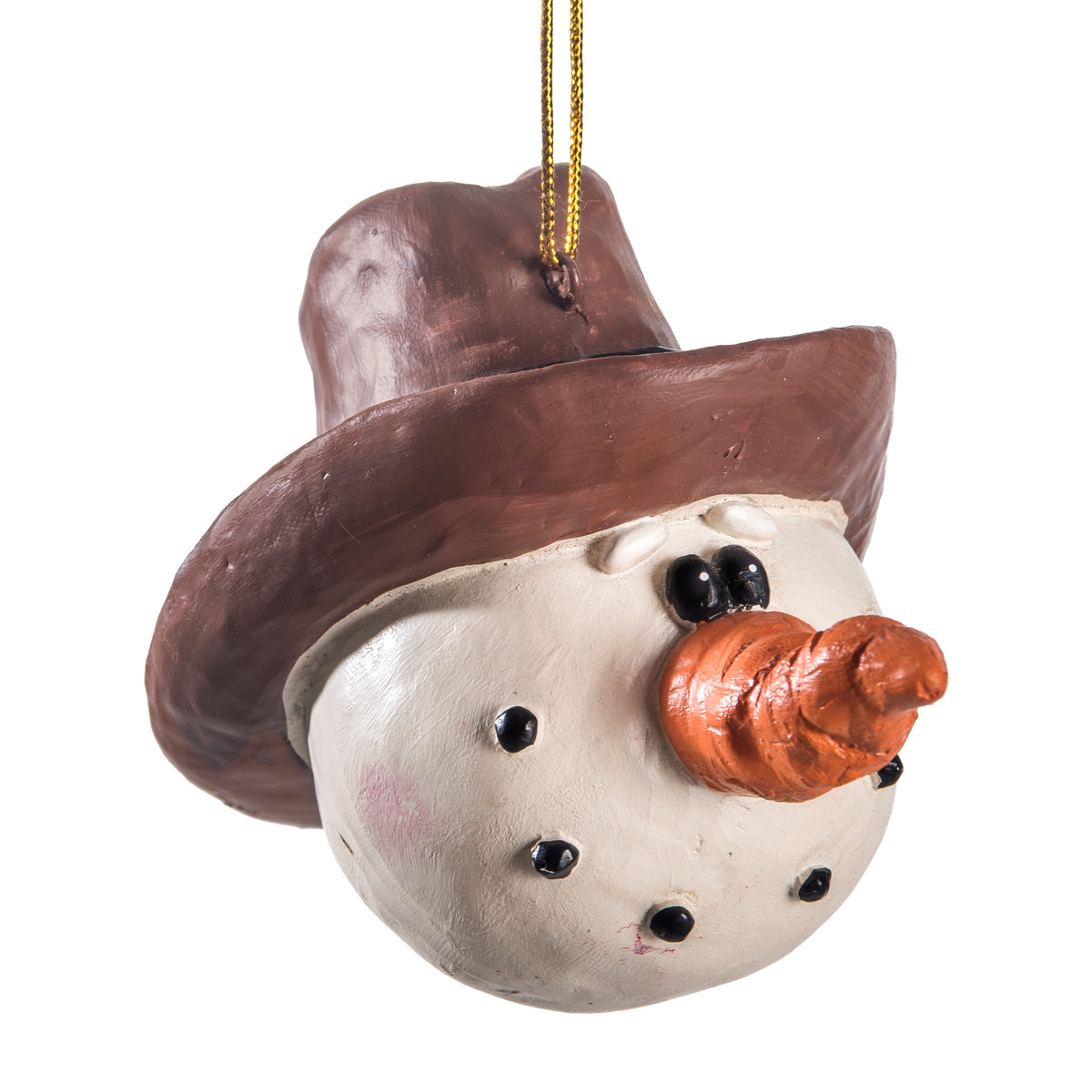 Hand painted Cowboy Santa Head Ornament on a white backhground.