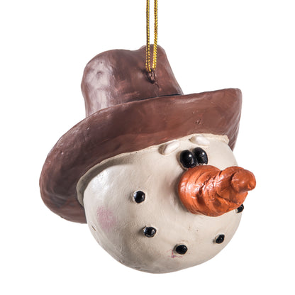 Hand painted Cowboy Santa Head Ornament on a white backhground.