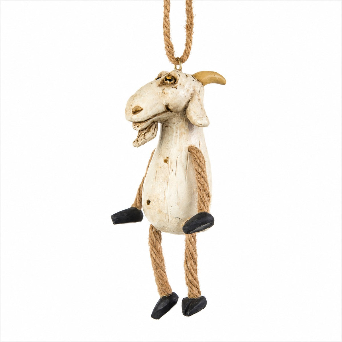 Resin goat ornament with dangly arms and  legs shown on  white background.  By Bert Anderson