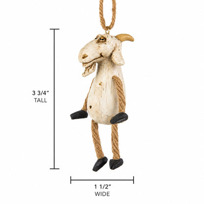 A goat hanging ornament with a rope loop at the top, shown on a white background with measurement lines and text indicating 3 3/4 inches tall and 1 1/2 inches wide.