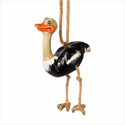 Bert Anderson ostrich ornament with long neck and natural jute rope hanger on a white background.