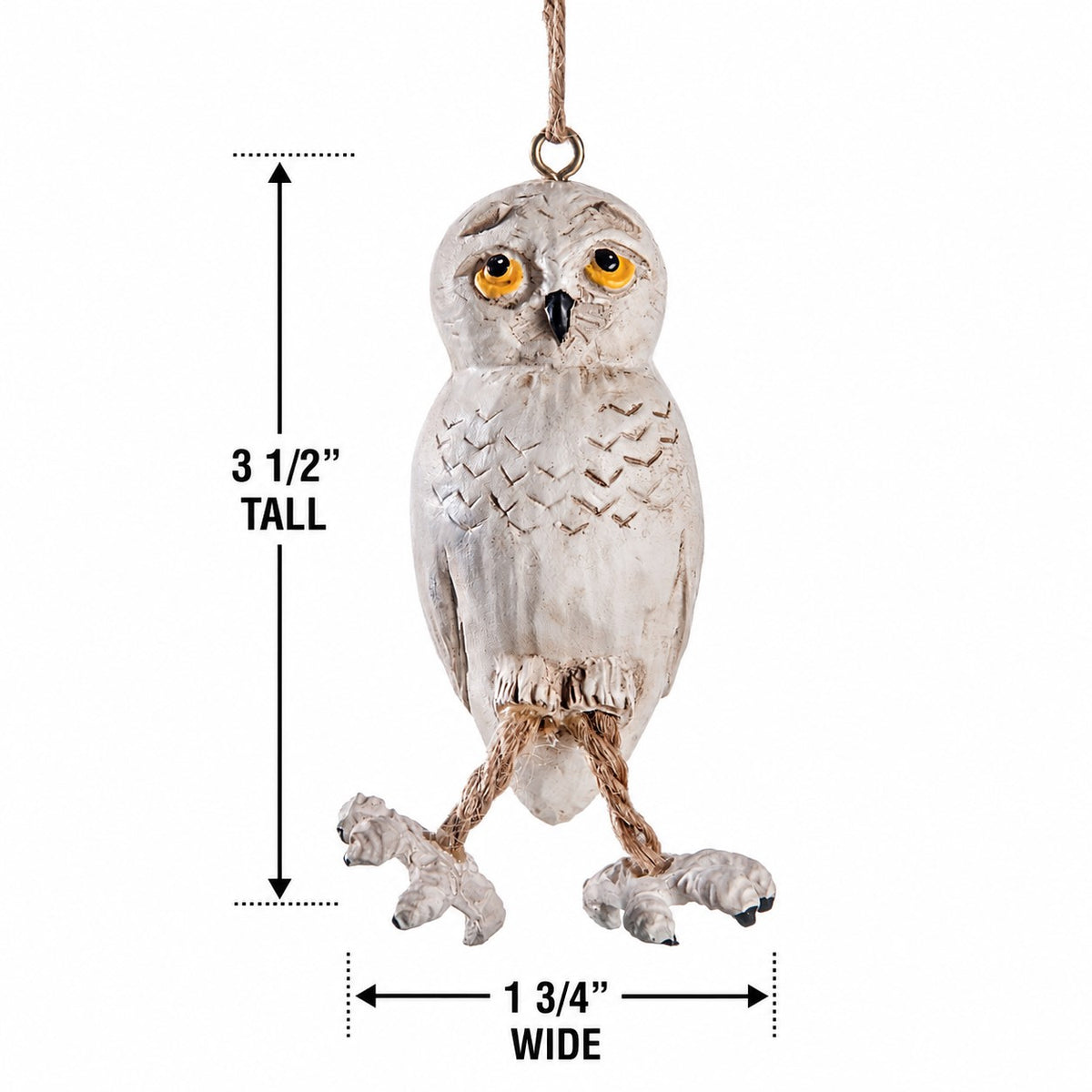 Hanging Snowy Owl Ornament on a white background with measurements 3 1/2" x 1 3/4"