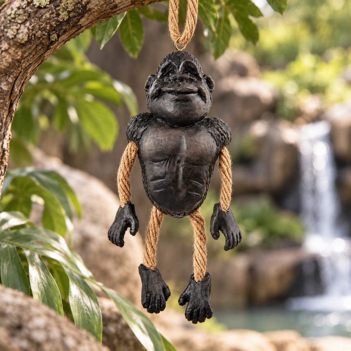 Bert Anderson gorilla ornament with dangling rope arms and legs hanging in a lush natural habitat with rocks and a waterfall.