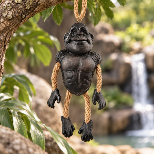 Bert Anderson gorilla ornament with dangling rope arms and legs hanging in a lush natural habitat with rocks and a waterfall.