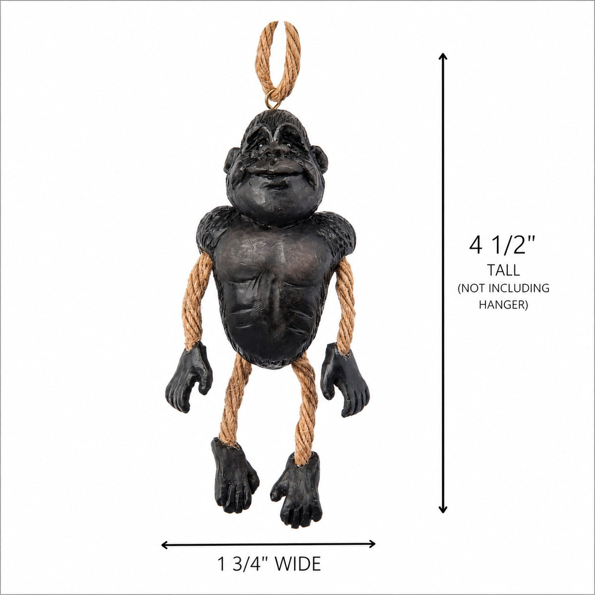 Dangly Gorilla  Ornament by Bert Anderson with measurements 4 1/2" tall an 1 3/4" wide on a white background.