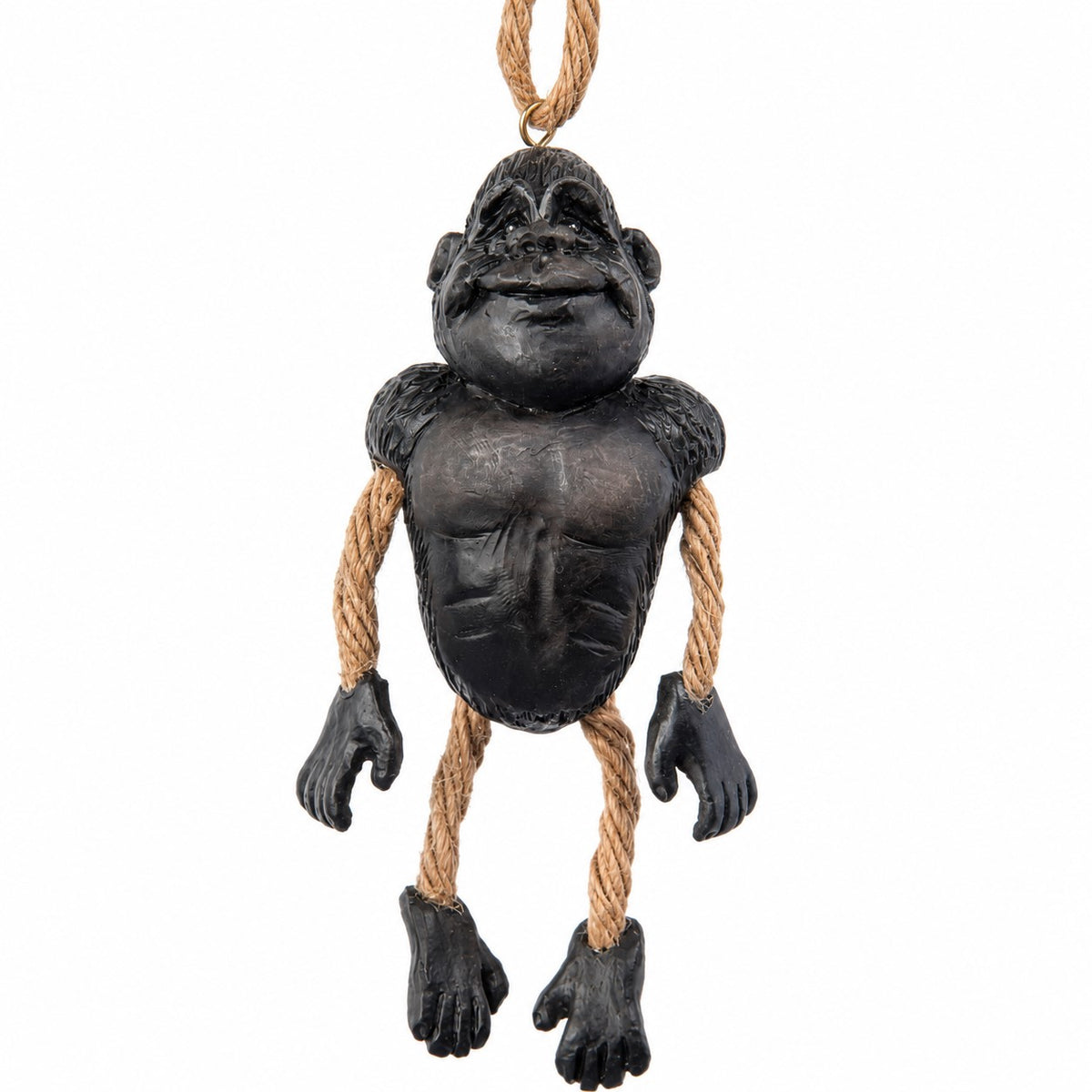 Bert Anderson dangly gorilla ornament with black resin body and natural jute rope arms and legs.