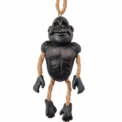 Bert Anderson dangly gorilla ornament with black resin body and natural jute rope arms and legs.