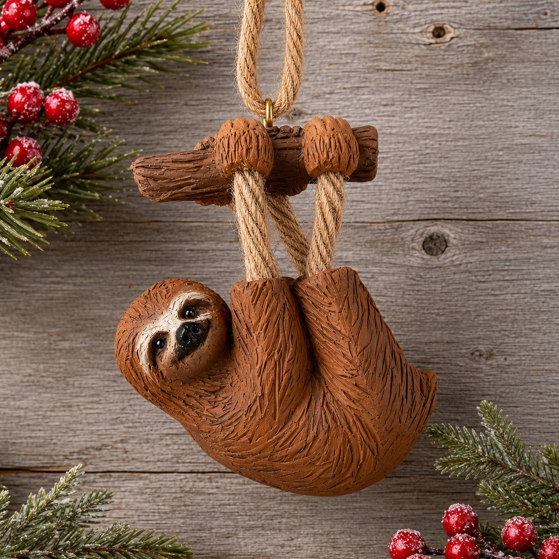 Hanging sloth ornamnet displayed on rustic wall with Christmas evergeen and  red berries.