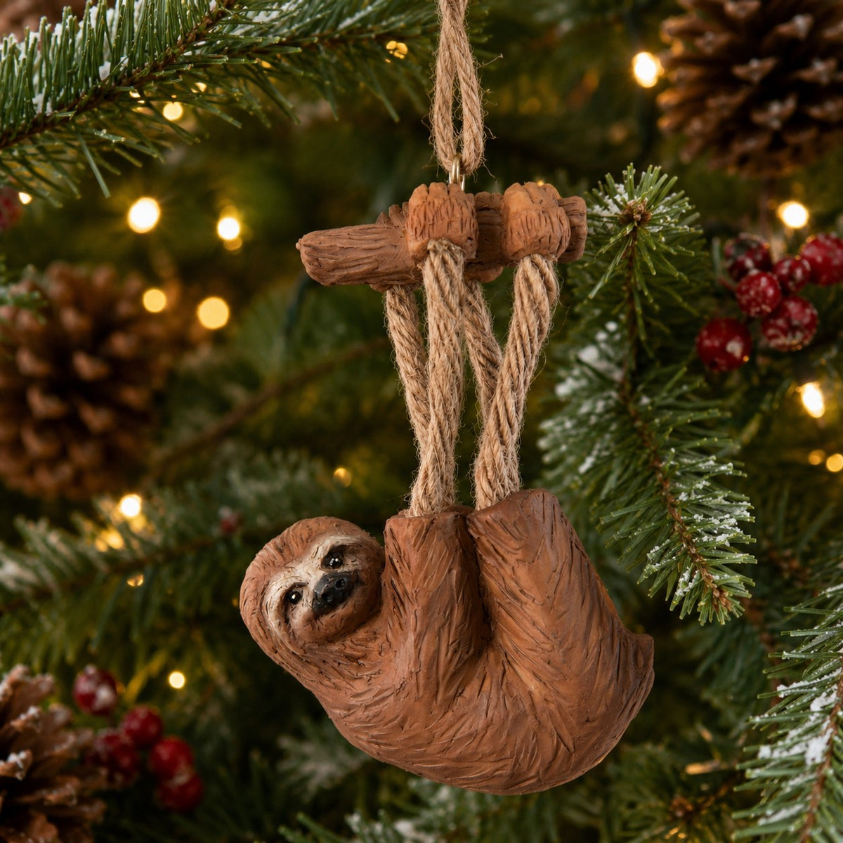Bert Anderson sloth ornament with rope legs hanging on Christmas tree.