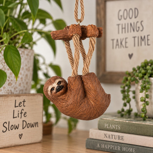 Bert Anderson sloth ornament with rope legs hanging in a cozy home décor setting with plants and natural wood accents.