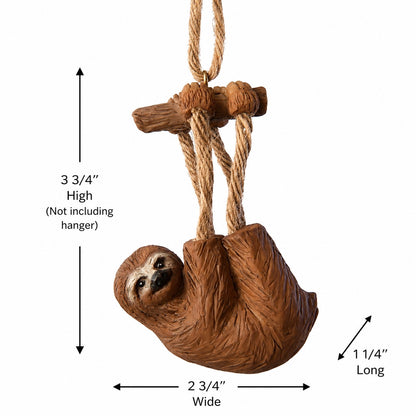 Whimsical sloth ornament by Bert Anderson  with measurements shown - 3 3/4" tall x 2 3/4" wde and 1 1/4" long