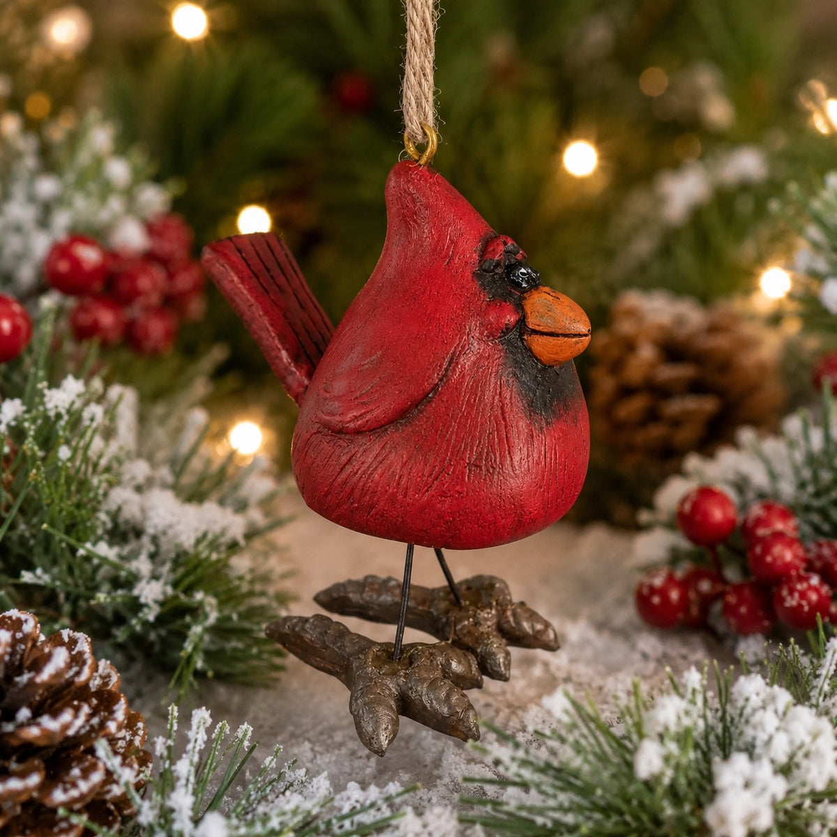 A red cardinal Christmas ornament with a textured red body, black eye and chest detail, and a brown twig-style feet perch, hanging against a blurred festive background with lights, pinecones, and red berries.