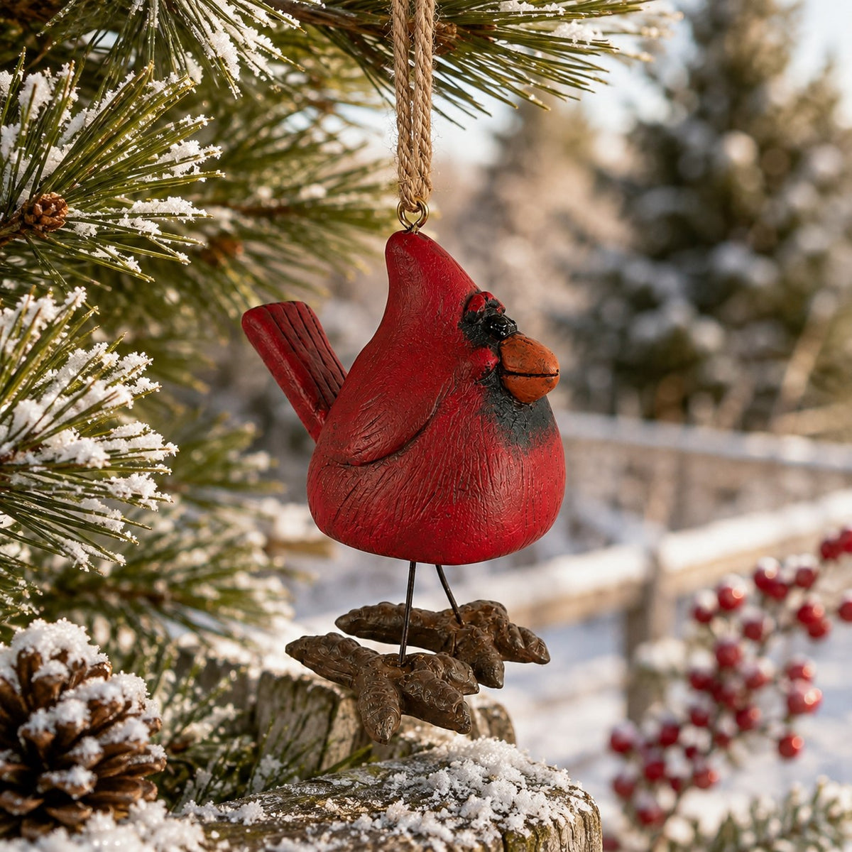 Cardinal ornament hanging from  a pine tree with red berries.  By artist Bert Anderson