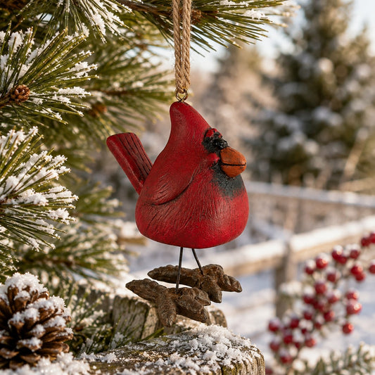 Cardinal ornament hanging from  a pine tree with red berries.  By artist Bert Anderson