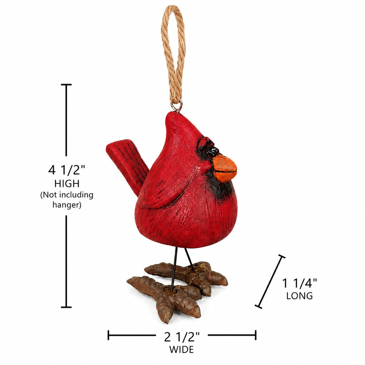 A red cardinal bird hanging ornament with a natural jute hanger, shown with dimension lines and text indicating height, width, and length on a white background.