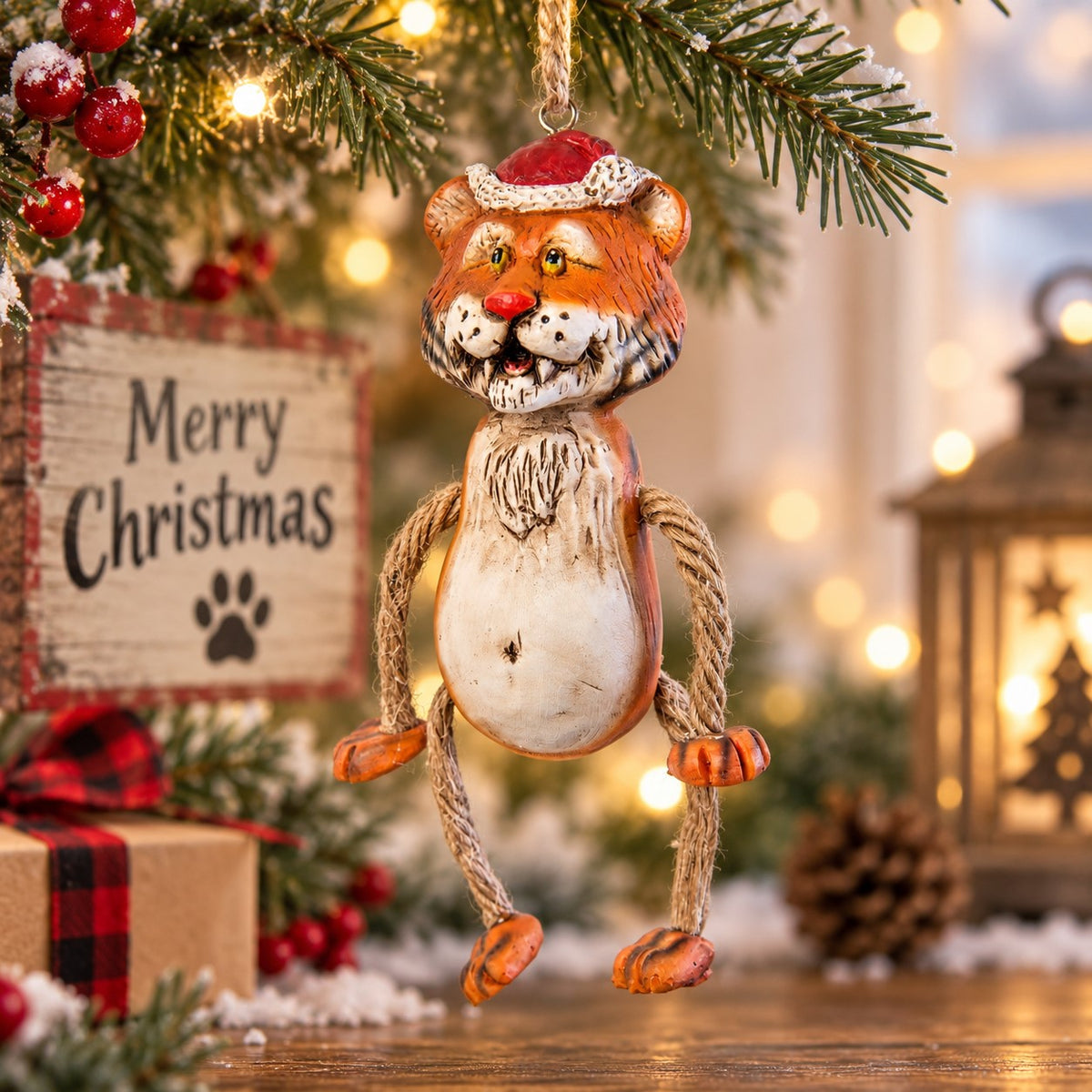 A hanging Tiger Christmas ornament with a Santa hat and jute arms and legs that dangle.  Displayed hanging from a Christmas tree with a festive holiday background.