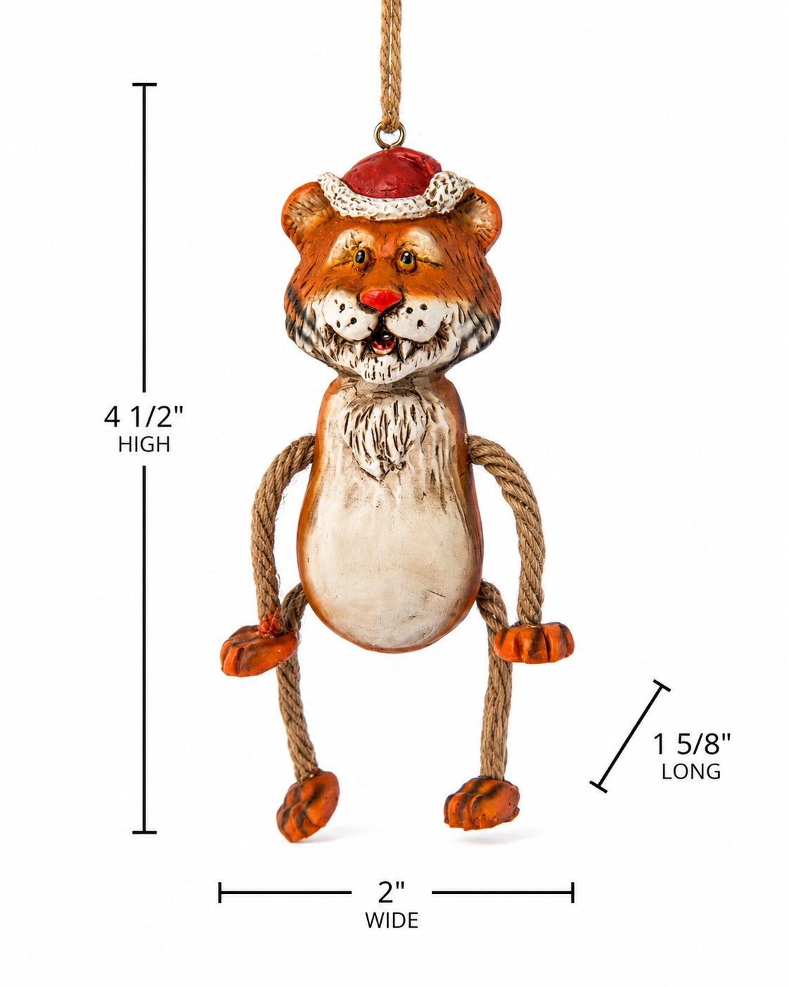 Resin hanging tiger ornamet with Santa hat Measurements stated:  4 1/2" high x 2" wide by 1 5/8" long