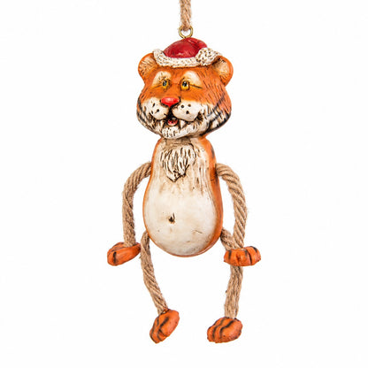Bert Anderson tiger Christmas ornament wearing a Santa hat with dangly jute rope arms and legs on a white background.