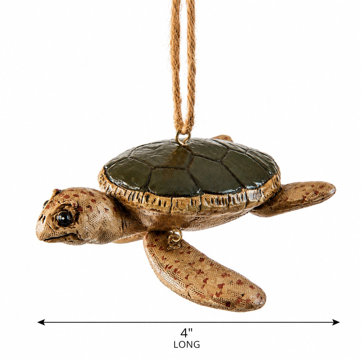 Sea Turtle hanging ornament by Bert Anderson dispayed on a white background measurement stated: 4" long.