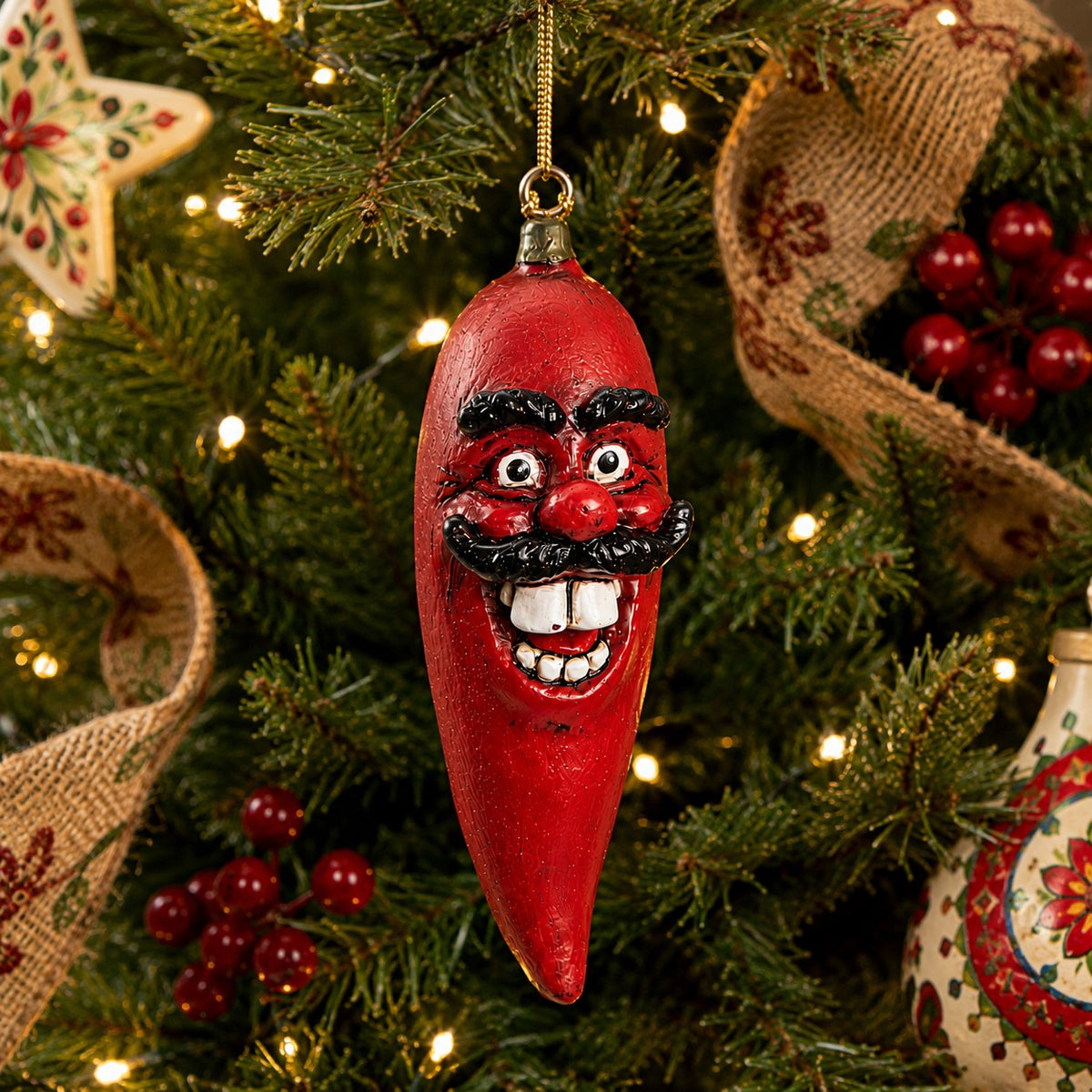 Red  Chilli Pepper Ornament with amusing face.  Displayed on festive Christmas tree.