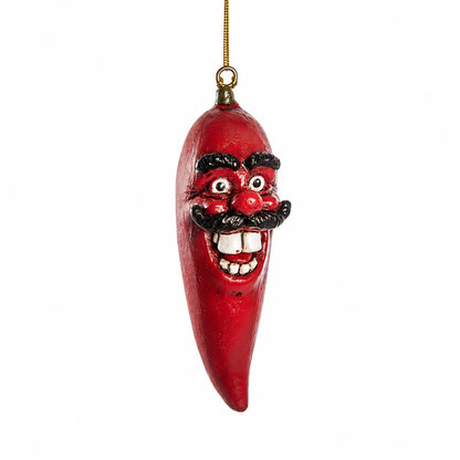 Bert Anderson hanging chilli pepper ornament with  mustached face displayed on a white background.
