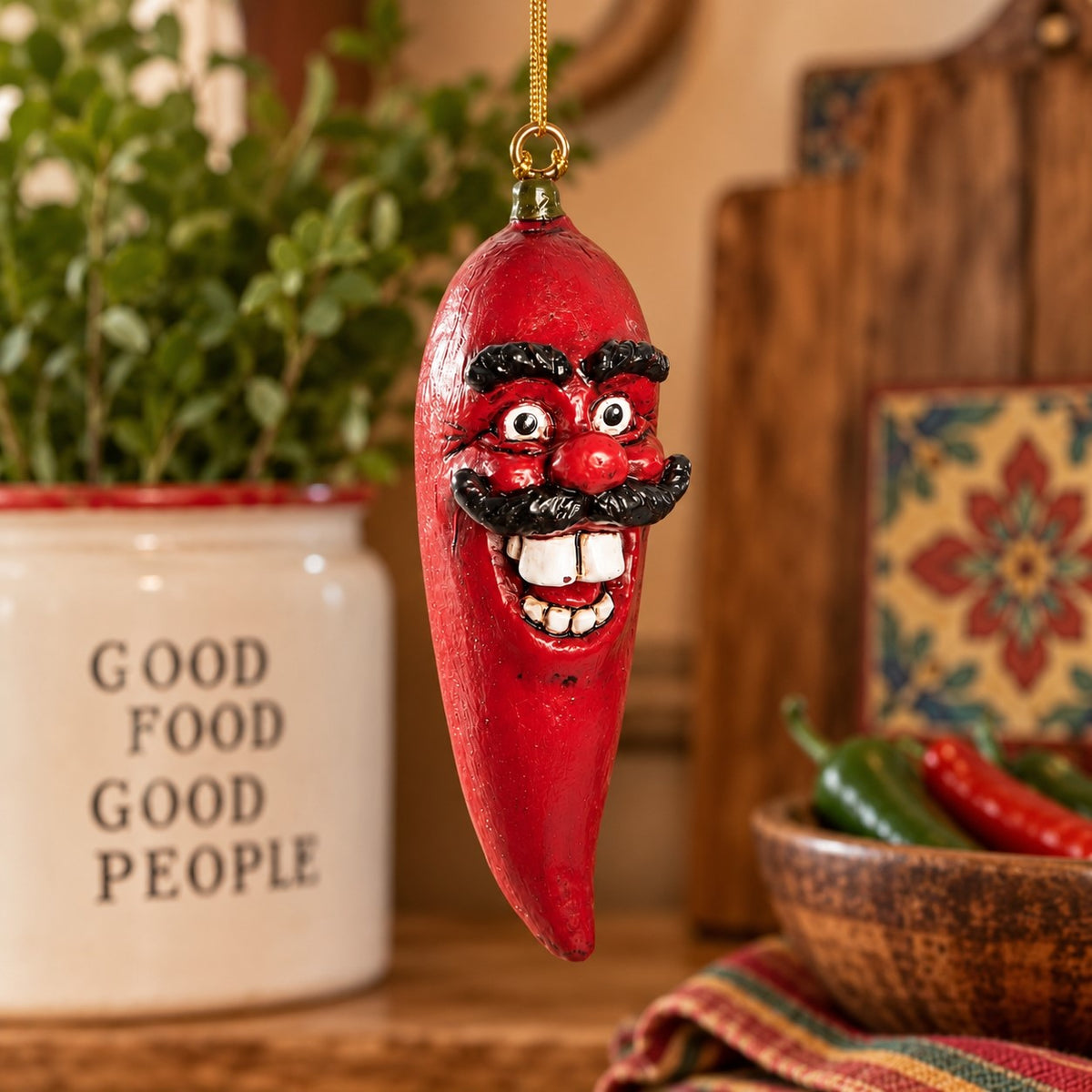 Bert Anderson red chili pepper ornament with a funny mustached face hanging in colorful Southwest-inspired kitchen décor.