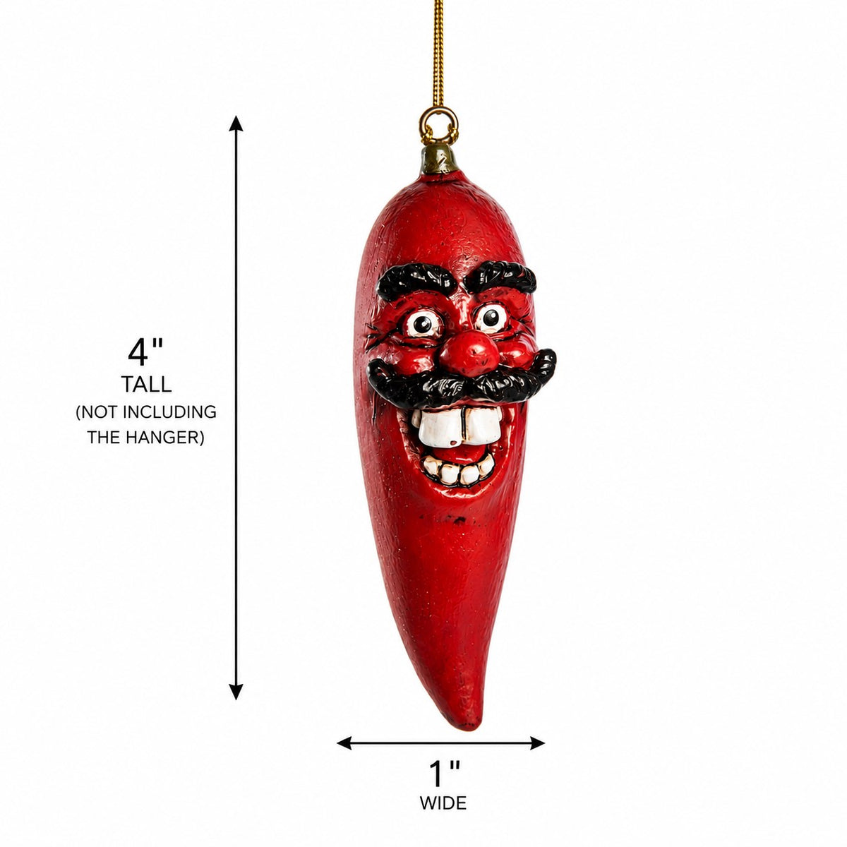 Red Chilli Pepper Ornament by Bert Anderson.  Measurments shown  on white backgrounds 4" tall x 1" wide.