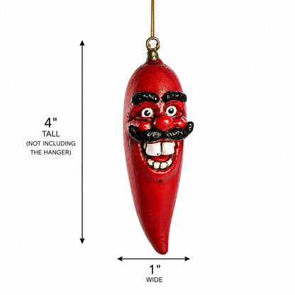 Red Chilli Pepper Ornament by Bert Anderson.  Measurments shown  on white backgrounds 4" tall x 1" wide.