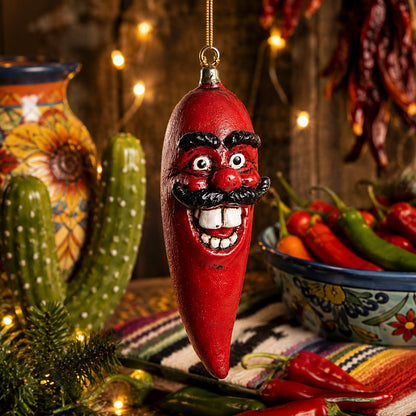 A festive hand-painted Mexican Christmas ornament shaped like a red chili pepper with a smiling face, hanging in a rustic kitchen setting with warm string lights, cacti, and bowls of fresh peppers.