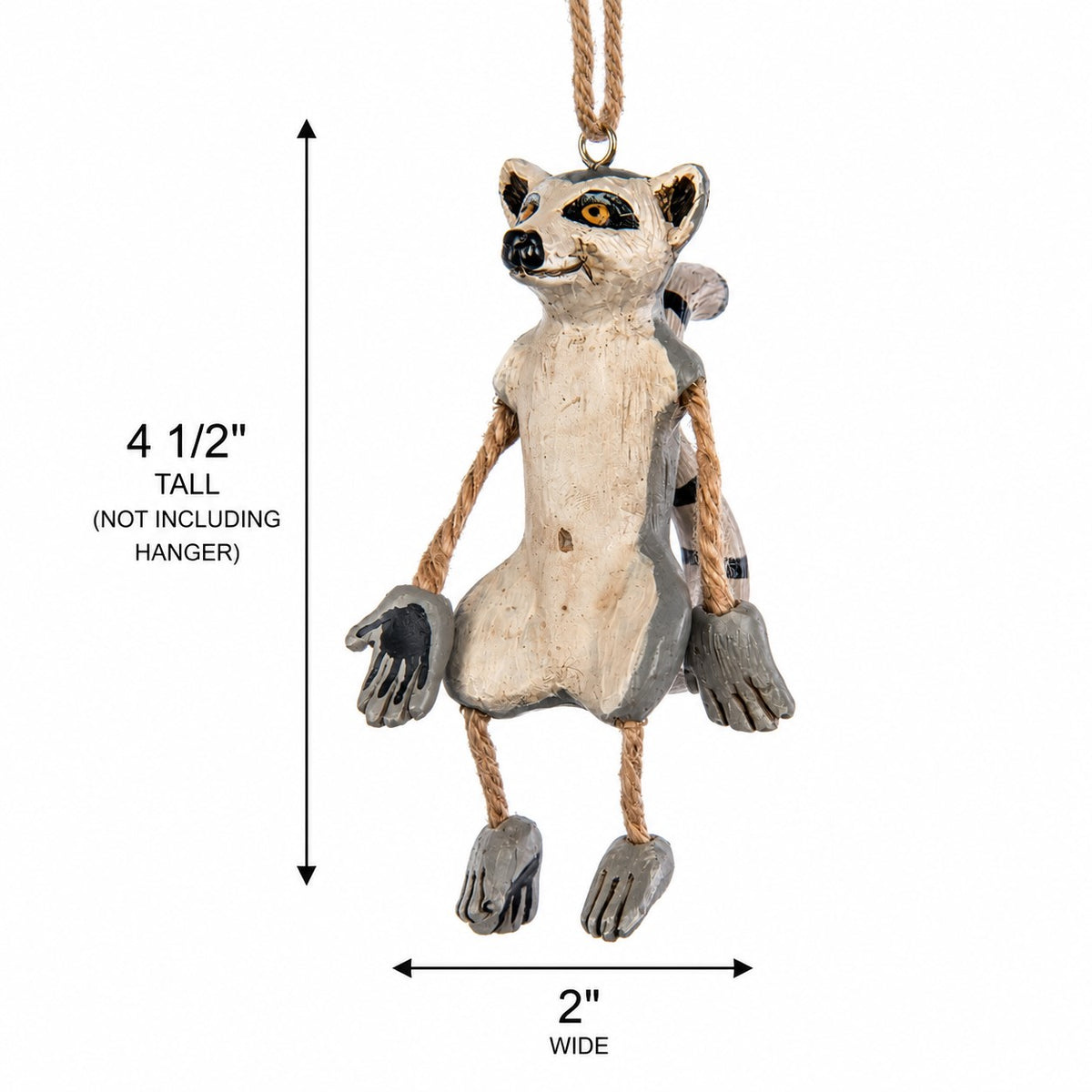 Hanging Lemur Ornament on white background with measurements 4 1/2" x 2"