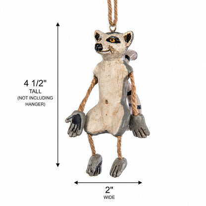 Hanging Lemur Ornament on white background with measurements 4 1/2" x 2"
