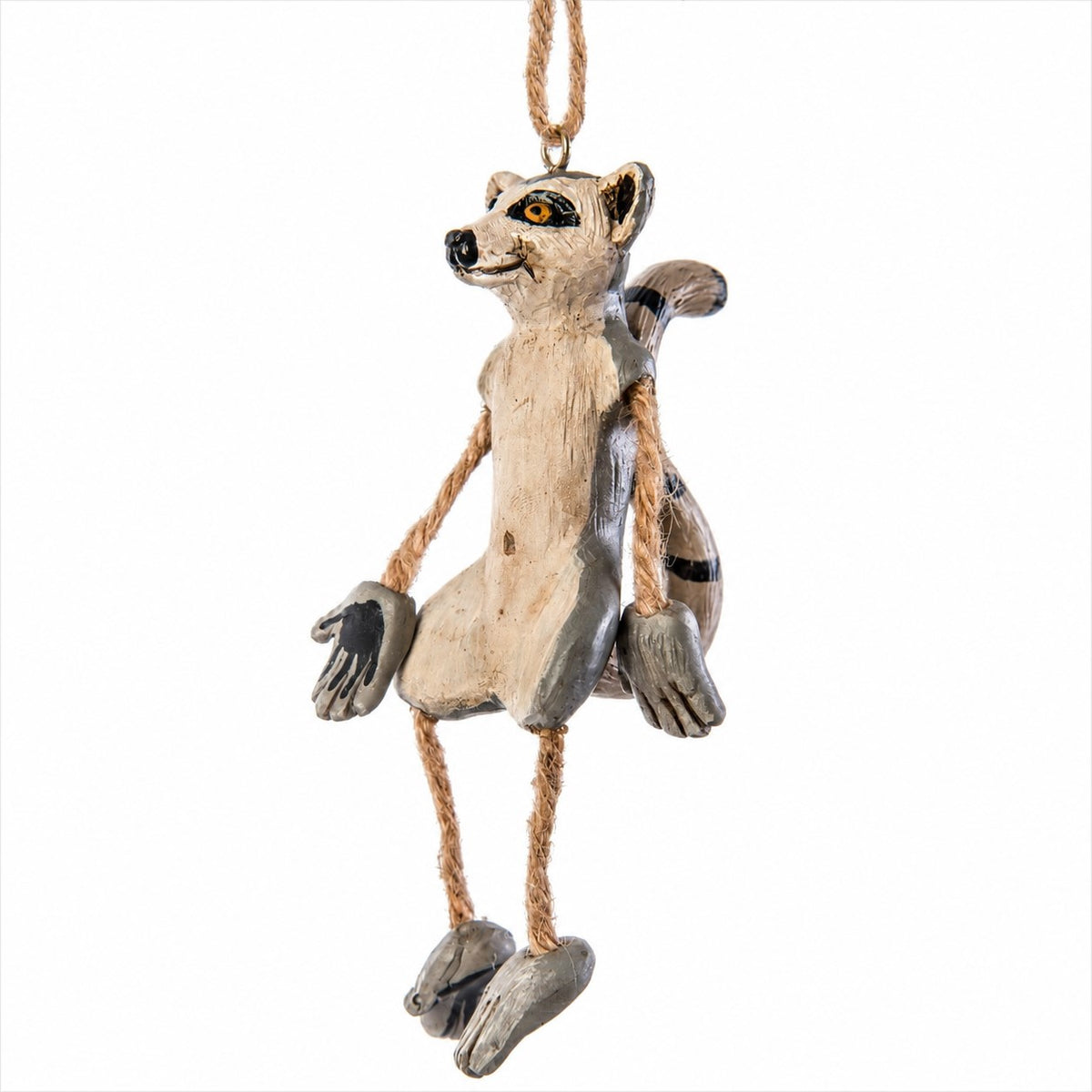 Bert Anderson hanging lemur ornament with dangly rope legs on a white background.