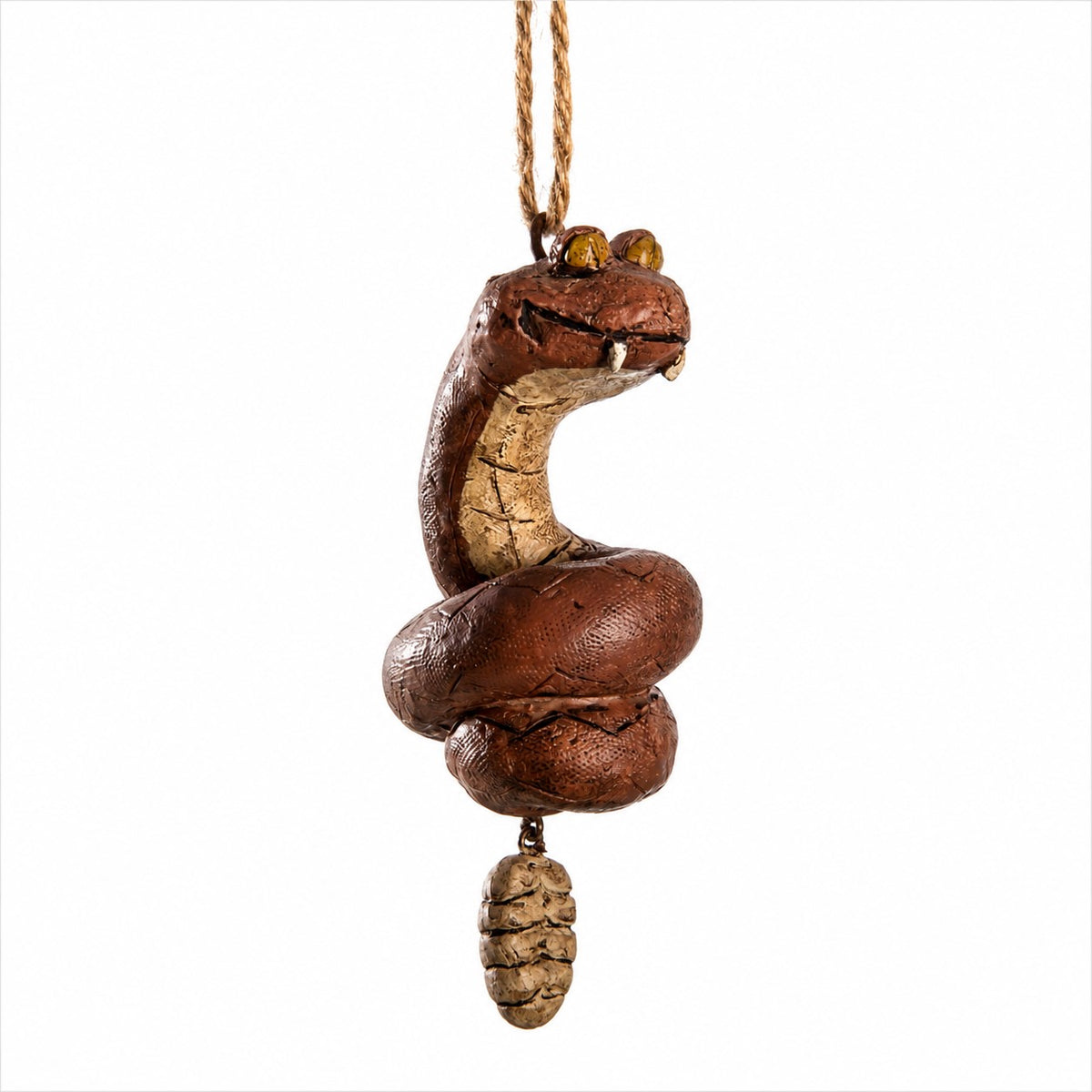 A resin snake ornament hanging from a brown string, with a jointed tail shown on a white background.   