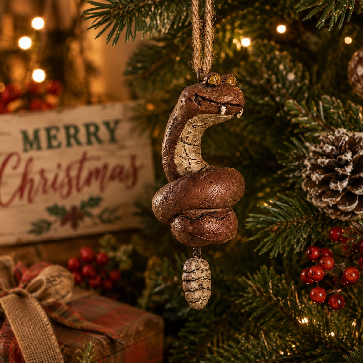 Whimsical rattlesnake hanging ornament with jointed tail.  Displayed on a Christmas festive holiday background. 
