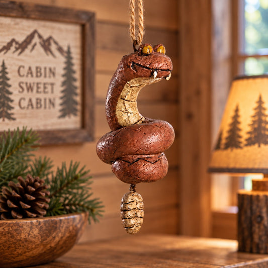 Bert Anderson rattlesnake ornament with coiled brown body and jointed rattle tail hanging in rustic cabin home décor.