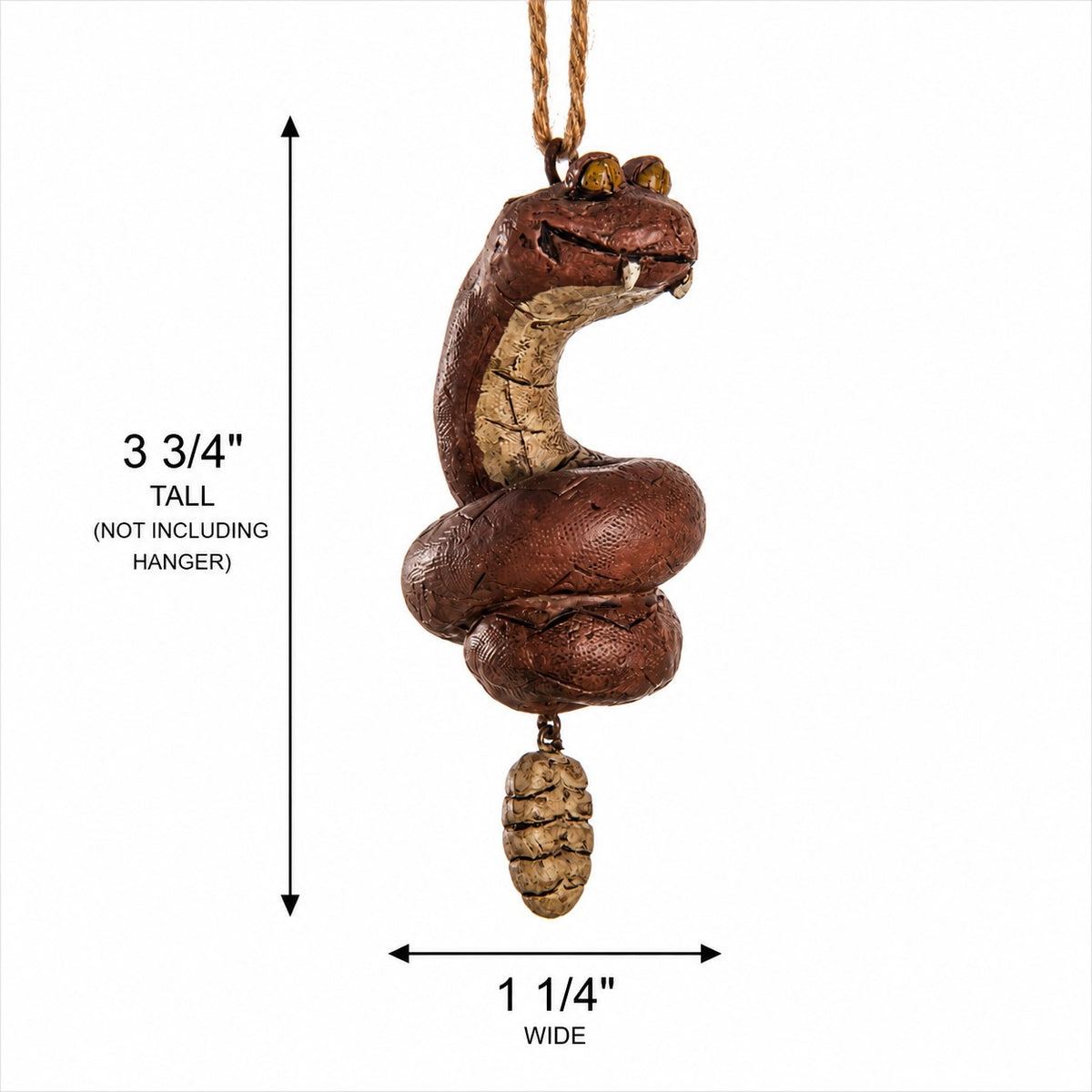 Whimsical rattlesnake ornament  on white background  with  measurements 3 3/4" x 1 1/4"   by Bert Anderson