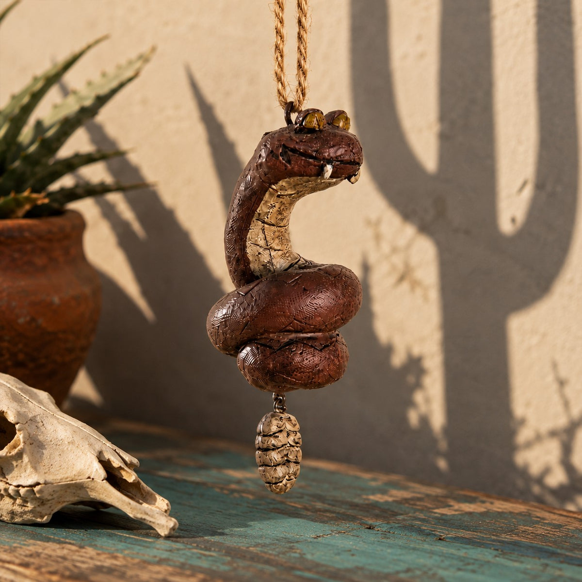 Whimsical rattlesnake  ornament displayed in a Southwest home decor setting.  