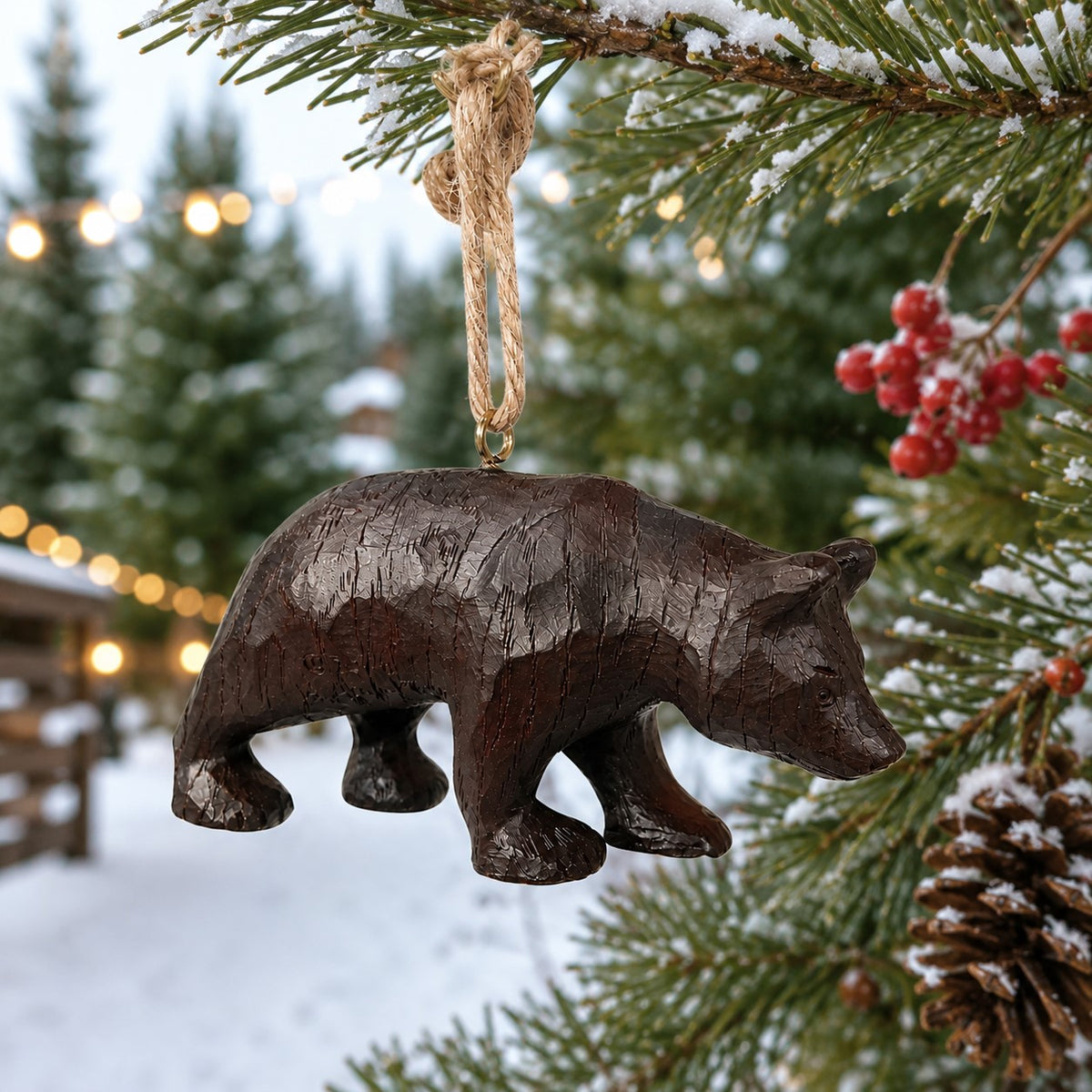 A dark brown bear ornament hanging from a jute rope on a snowy Christmas tree branch, with a blurred winter outdoor background.  