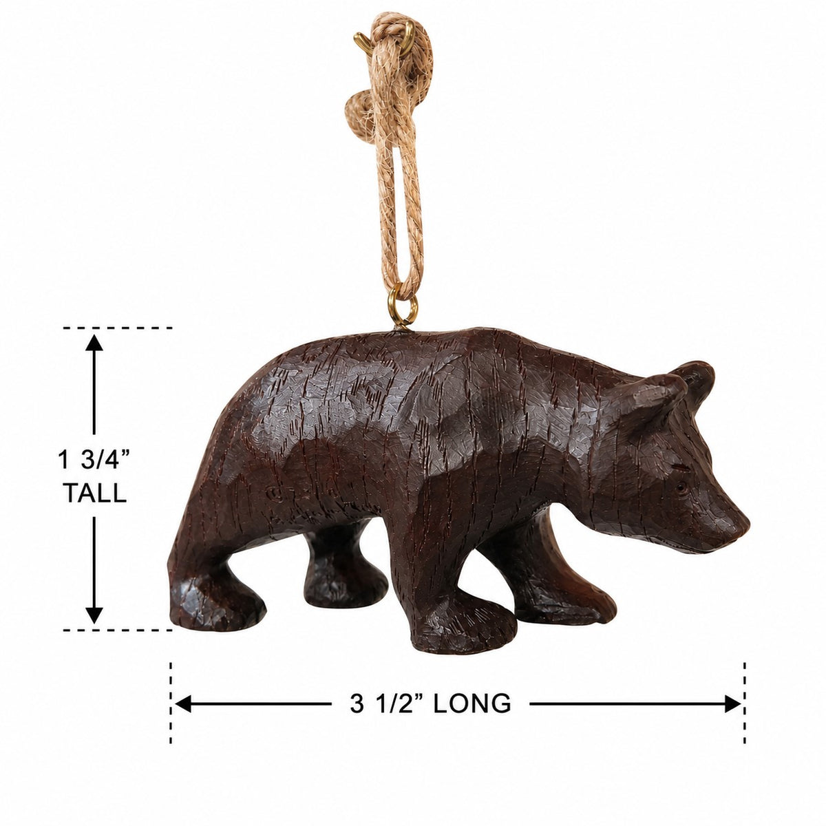 Brown bear ornament with a jute hanger.  Measurements shown 1 3/4" tall x 3 1/2" long.  Rustic antique look.