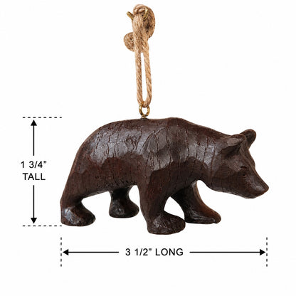 Brown bear ornament with a jute hanger.  Measurements shown 1 3/4" tall x 3 1/2" long.  Rustic antique look.