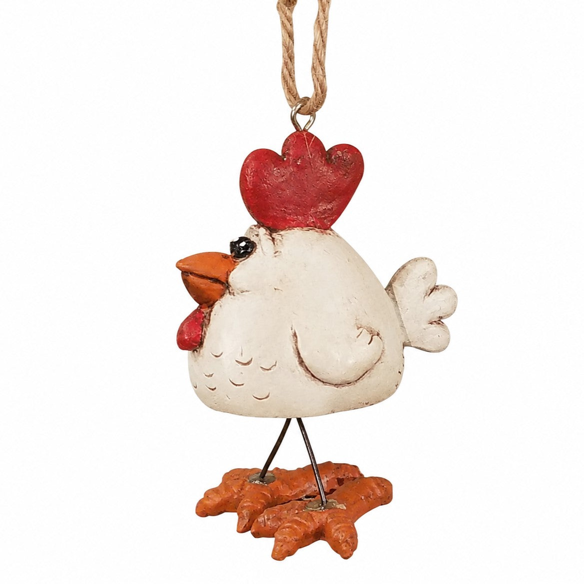 Side view of hanging chicken ornament with rope  hanger and wire legs by Bert Anderson