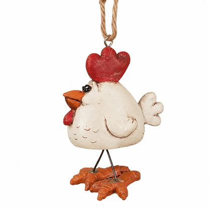 Side view of hanging chicken ornament with rope  hanger and wire legs by Bert Anderson