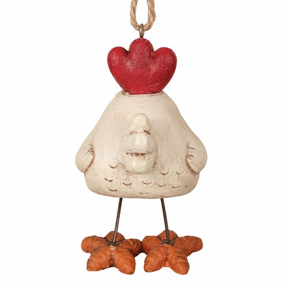 Back view of Bert Anderson chicken ornament with wire legs.