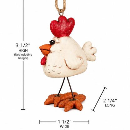 Hanging Chicken Ornament from the Bert Anderson Farm  Collection shown on a white background with measurements 3 1/2"  tall x 1 1/2" wide by 2 1/r" long